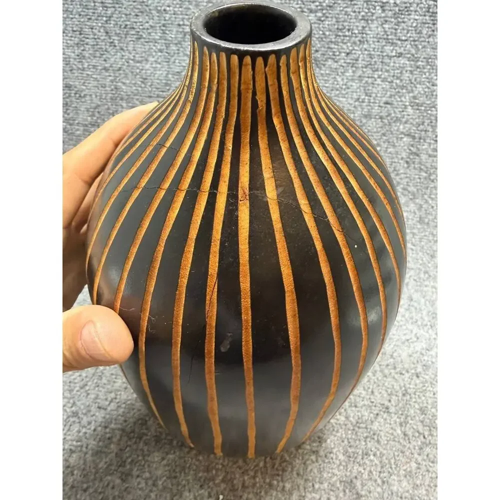 Vintage Wooden Decorative Vase Black Carved Thailand Cracks